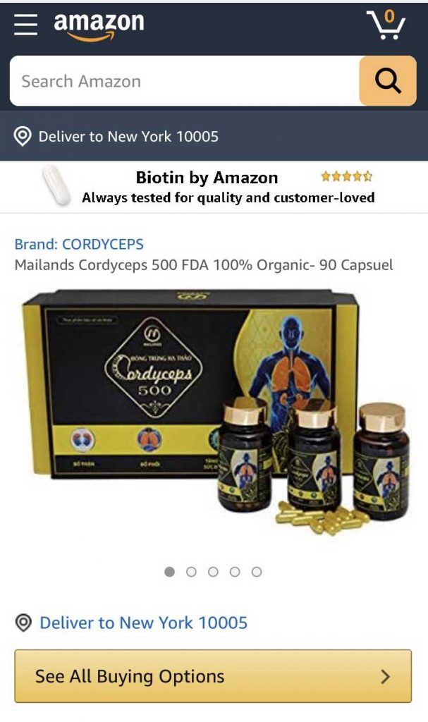 Sản phẩm Đông Trùng Hạ Thảo Cordyceps 500 Mailands trên Amazon