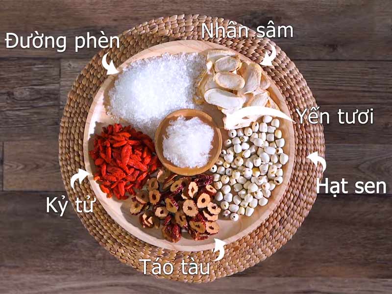 Nguyên liệu chuẩn bị yến chưng nhân sâm